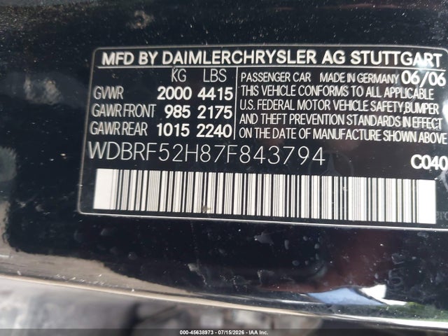 Продаж на аукціоні авто 2007 Mercedes-benz C 230 Sport, vin: WDBRF52H87F843794, номер лоту: 45638973