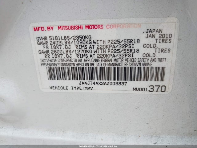 Продажа на аукционе авто 2010 Mitsubishi Outlander Xls, vin: JA4JT4AX2AZ009837, номер лота: 45638993