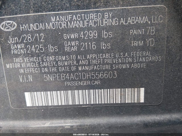 45639010 :رقم المزاد ، 5NPEB4AC1DH556603 vin ، 2013 Hyundai Sonata Gls مزاد بيع
