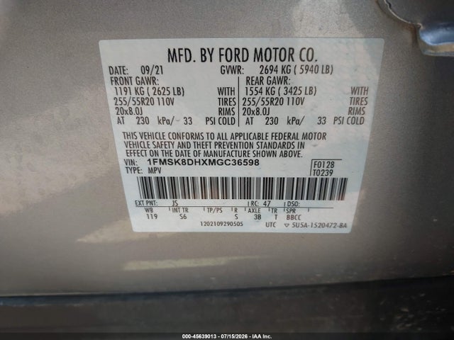 Продаж на аукціоні авто 2021 Ford Explorer Xlt, vin: 1FMSK8DHXMGC36598, номер лоту: 45639013