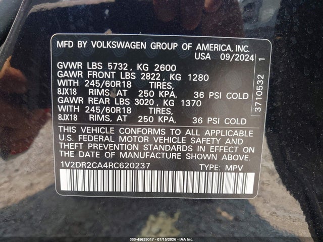 45639017 :رقم المزاد ، 1V2DR2CA4RC620237 vin ، 2024 Volkswagen Atlas 2.0t Se مزاد بيع