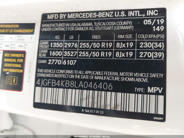 Aukcja sprzedaży 2020 Mercedes-benz Gle 350 4matic, vin: 4JGFB4KB8LA046406, numer aukcji: 45639035