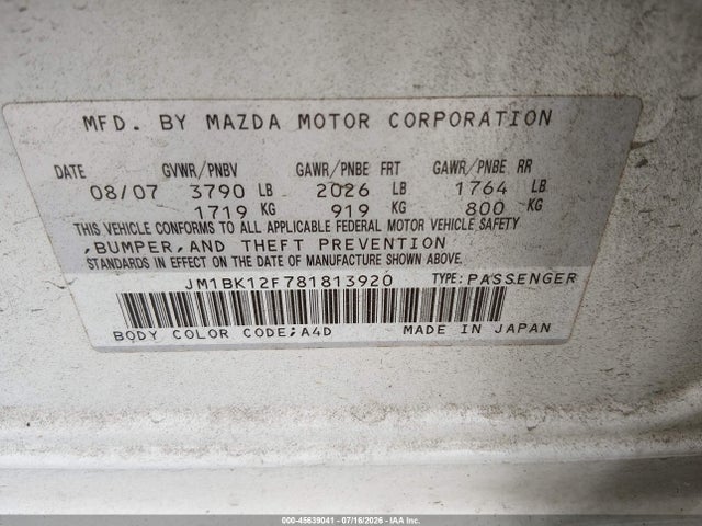 Aukcja sprzedaży 2008 Mazda Mazda3 I, vin: JM1BK12F781813920, numer aukcji: 45639041