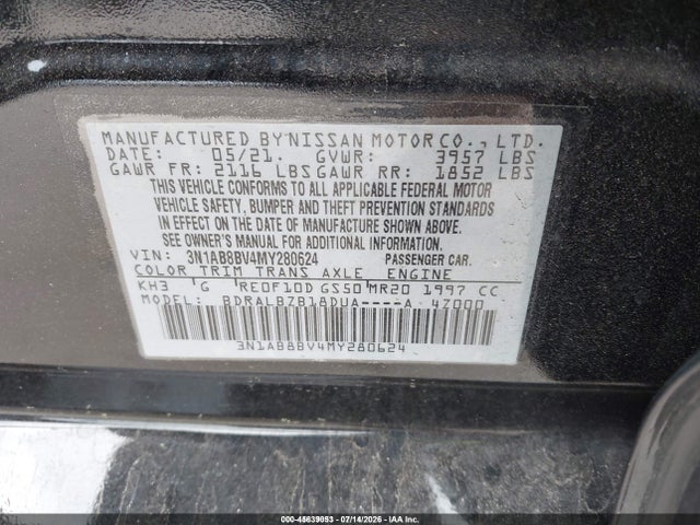 45639053 :رقم المزاد ، 3N1AB8BV4MY280624 vin ، 2021 Nissan Sentra S Xtronic Cvt مزاد بيع