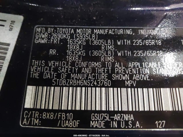 Aukcja sprzedaży 2022 Toyota Highlander Le, vin: 5TDBZRBH6NS243760, numer aukcji: 45639062