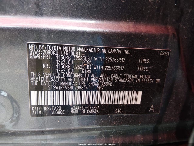 2024 Toyota Rav4 Xle მანქანა იყიდება აუქციონზე, vin: 2T3W1RFV5RC298814, აუქციონის ნომერი: 45639065