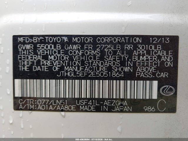 45639094 :رقم المزاد ، JTHGL5EF2E5051864 vin ، 2014 Lexus Ls 460 L مزاد بيع