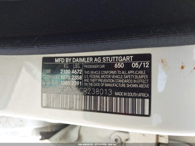 45639103 :رقم المزاد ، WDDGF8BB2CR238013 vin ، 2012 Mercedes-benz C 300 Sport 4matic مزاد بيع
