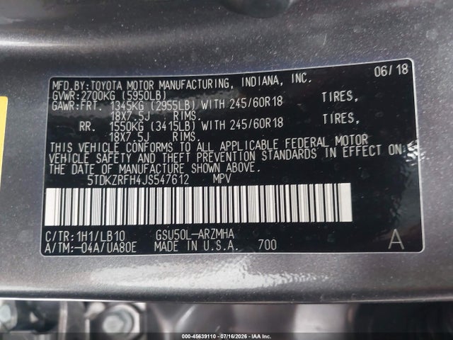 5TDKZRFH4JS547612 Toyota Highlander Xle