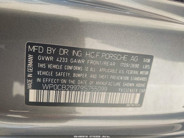 45639136 :رقم المزاد ، WP0CB29979S755099 vin ، 2009 Porsche 911 Carrera S مزاد بيع