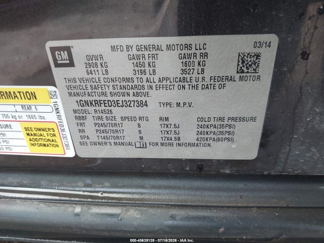 Продаж на аукціоні авто 2014 Chevrolet Traverse Ls, vin: 1GNKRFED3EJ327384, номер лоту: 45639139