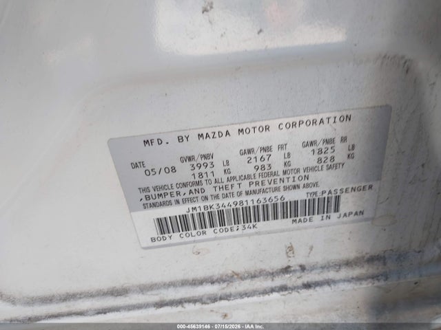 45639146 :رقم المزاد ، JM1BK344981163656 vin ، 2008 Mazda Mazda3 S Touring مزاد بيع