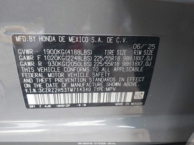 Aukcja sprzedaży 2026 Honda Hr-v Awd Sport, vin: 3CZRZ2H53TM714340, numer aukcji: 45639148