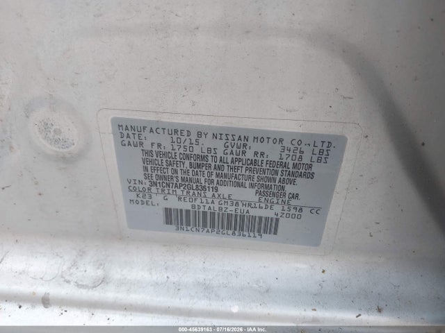 Aukcja sprzedaży 2016 Nissan Versa 1.6 S/1.6 S+/1.6 Sl/1.6 Sv, vin: 3N1CN7AP2GL836119, numer aukcji: 45639163