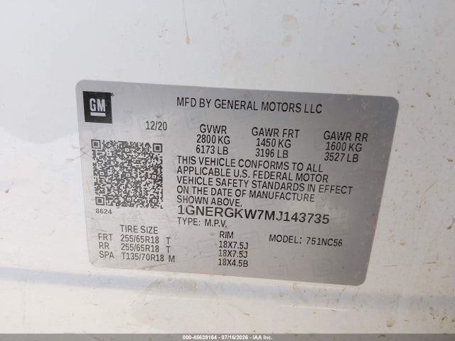 Aukcja sprzedaży 2021 Chevrolet Traverse Fwd Lt Cloth, vin: 1GNERGKW7MJ143735, numer aukcji: 45639164