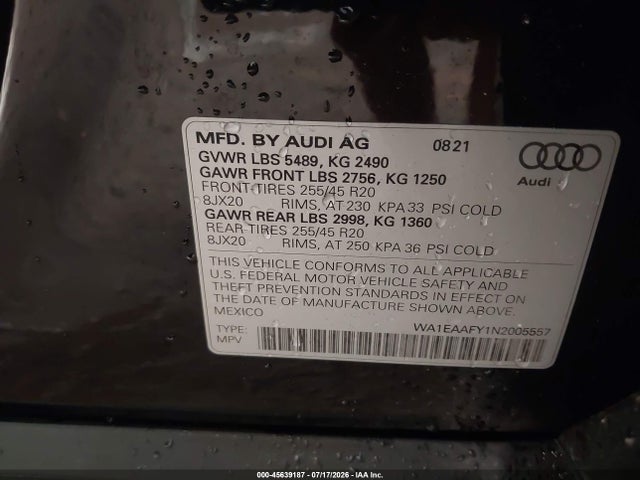 Продаж на аукціоні авто 2022 Audi Q5 Premium Plus 45 Tfsi S Line Quattro S Tronic, vin: WA1EAAFY1N2005557, номер лоту: 45639187