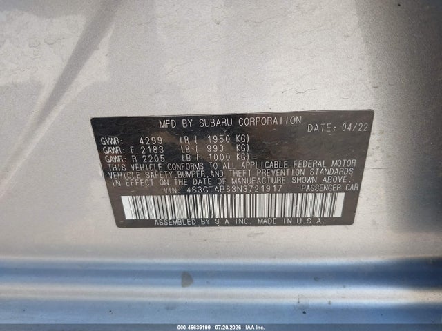Продаж на аукціоні авто 2022 Subaru Impreza Base 5-door, vin: 4S3GTAB63N3721917, номер лоту: 45639199