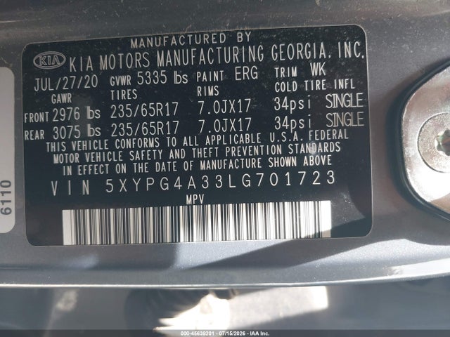 Продаж на аукціоні авто 2020 Kia Sorento 2.4l Lx, vin: 5XYPG4A33LG701723, номер лоту: 45639201