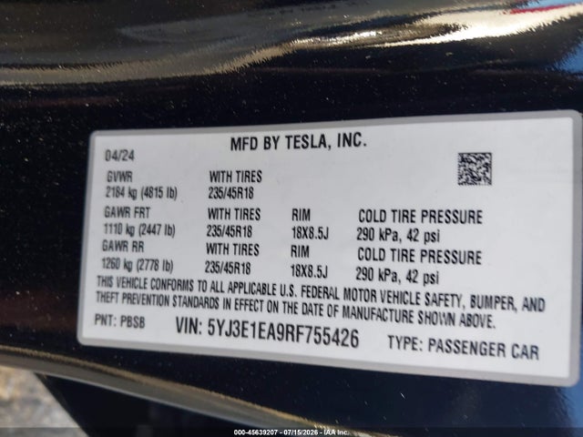 2024 Tesla Model 3 Long Range Dual Motor All-wheel Drive/rear-wheel Drive მანქანა იყიდება აუქციონზე, vin: 5YJ3E1EA9RF755426, აუქციონის ნომერი: 45639207