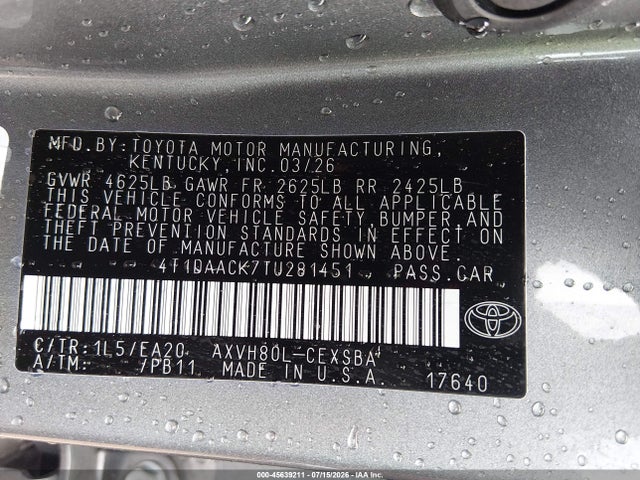 Aukcja sprzedaży 2026 Toyota Camry Se, vin: 4T1DAACK7TU281451, numer aukcji: 45639211
