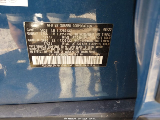 45639215 :رقم المزاد ، 4S4BTGUDXN3260140 vin ، 2022 Subaru Outback Wilderness مزاد بيع
