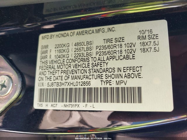 45639240 :رقم المزاد ، 5J8TB3H7XHL012856 vin ، 2017 Acura Rdx Advance Package مزاد بيع