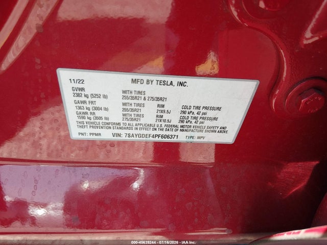 45639244 :رقم المزاد ، 7SAYGDEF4PF606371 vin ، 2023 Tesla Model Y Performance Dual Motor All-wheel Drive مزاد بيع