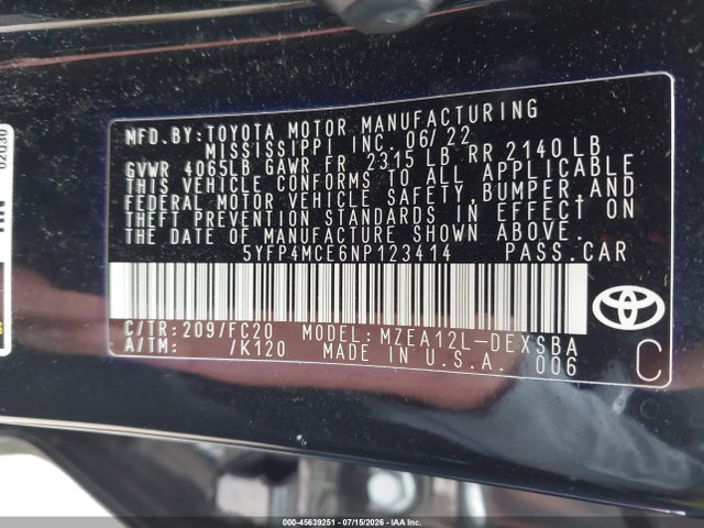 Продаж на аукціоні авто 2022 Toyota Corolla Se, vin: 5YFP4MCE6NP123414, номер лоту: 45639251