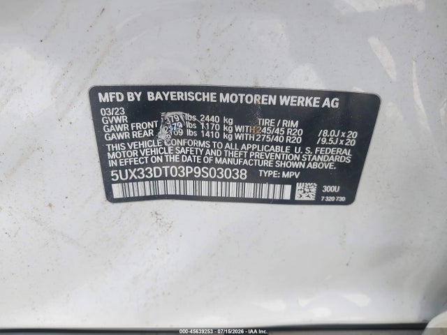 Продаж на аукціоні авто 2023 Bmw X4 Xdrive30i, vin: 5UX33DT03P9S03038, номер лоту: 45639253