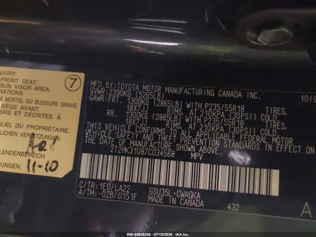 45639255 :رقم المزاد ، 2T2HK31U87C034568 vin ، 2007 Lexus Rx 350 مزاد بيع