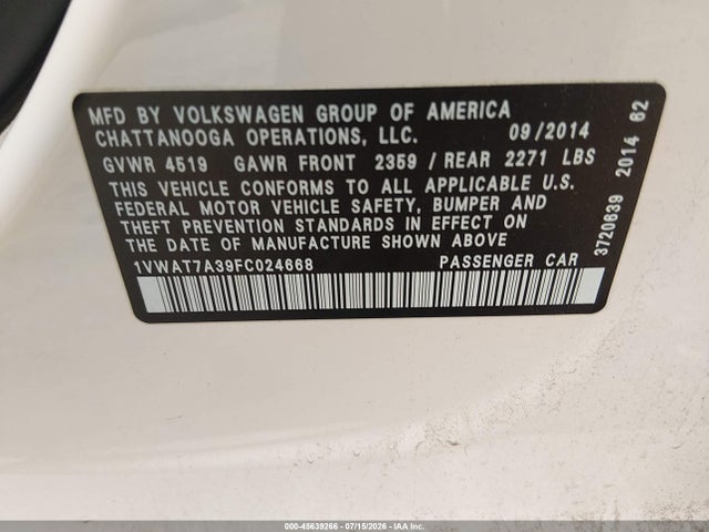Aukcja sprzedaży 2015 Volkswagen Passat 1.8t Wolfsburg Edition, vin: 1VWAT7A39FC024668, numer aukcji: 45639266