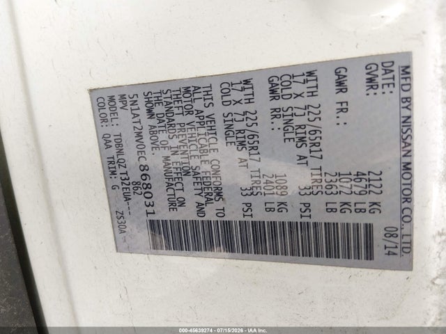 Aukcja sprzedaży 2014 Nissan Rogue Sv, vin: 5N1AT2MV0EC868031, numer aukcji: 45639274