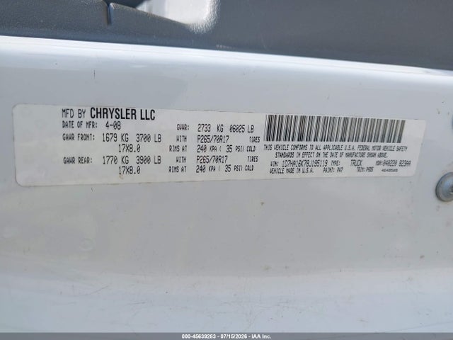 45639283 :رقم المزاد ، 1D7HA16K78J195119 vin ، 2008 Dodge Ram 1500 St/sxt مزاد بيع