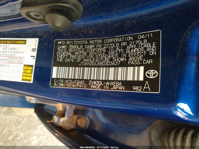 Aukcja sprzedaży 2011 Toyota Prius, vin: JTDKN3DUXB0303637, numer aukcji: 45639292
