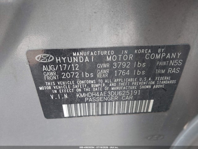 45639294 :رقم المزاد ، KMHDH4AE3DU625191 vin ، 2013 Hyundai Elantra Gls مزاد بيع