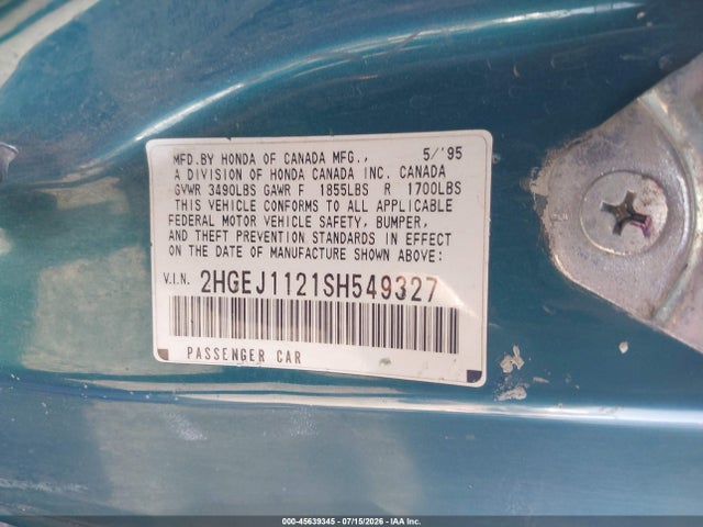 1995 Honda Civic Ex მანქანა იყიდება აუქციონზე, vin: 2HGEJ1121SH549327, აუქციონის ნომერი: 45639345