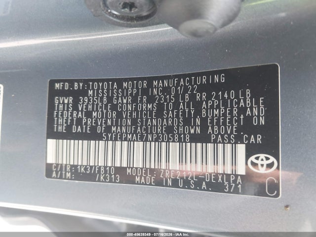 45639349 :رقم المزاد ، 5YFEPMAE7NP305818 vin ، 2022 Toyota Corolla Le مزاد بيع