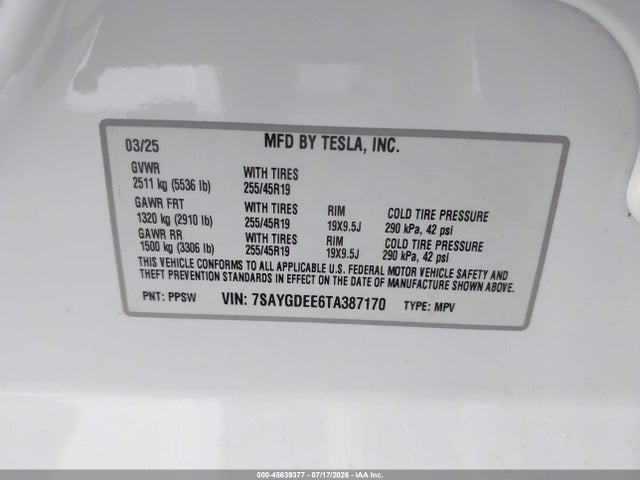 45639377 :رقم المزاد ، 7SAYGDEE6TA387170 vin ، 2026 Tesla Model Y All-wheel Drive/long Range Launch Series/premium All-wheel Drive مزاد بيع