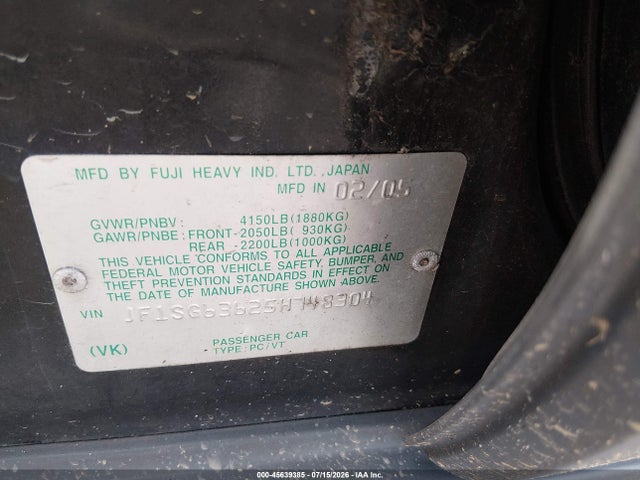 Продажа на аукционе авто 2005 Subaru Forester 2.5x, vin: JF1SG63625H748304, номер лота: 45639385
