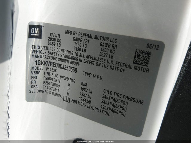 Aukcja sprzedaży 2012 Gmc Acadia Slt-1, vin: 1GKKVRED9CJ350658, numer aukcji: 45639396