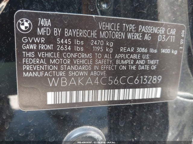 2012 Bmw 740i მანქანა იყიდება აუქციონზე, vin: WBAKA4C56CC613289, აუქციონის ნომერი: 45639397