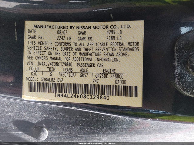 2008 Nissan Altima 2.5 S მანქანა იყიდება აუქციონზე, vin: 1N4AL24E08C129840, აუქციონის ნომერი: 45639400