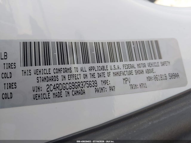 Dodge Grand Caravan Sxt 2016 2C4RDGCG9GR375639 Image 9