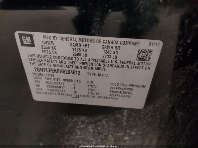 Продаж на аукціоні авто 2017 Chevrolet Equinox Lt, vin: 2GNFLFEK6H6294612, номер лоту: 45639405