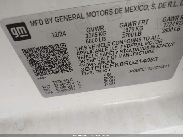 2025 Gmc Sierra 1500 2wd  Short Box Elevation მანქანა იყიდება აუქციონზე, vin: 3GTPHCEK0SG214083, აუქციონის ნომერი: 45639420