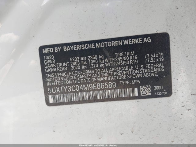 Aukcja sprzedaży 2021 Bmw X3 Sdrive30i, vin: 5UXTY3C04M9E86589, numer aukcji: 45639431