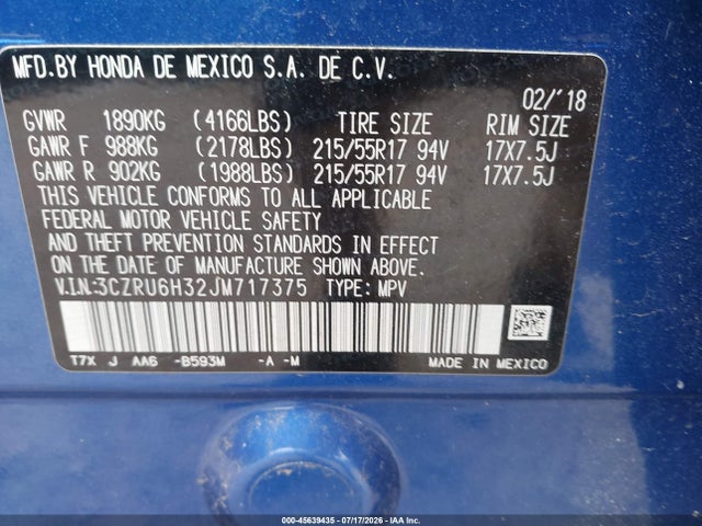 3CZRU6H32JM717375 Honda HR-V LX