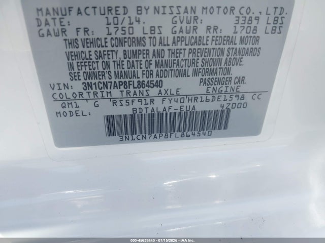 3N1CN7AP8FL864540 Nissan Versa 1.6 S