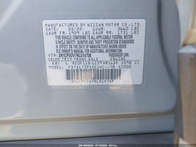 2022 Nissan Kicks Sr Xtronic Cvt მანქანა იყიდება აუქციონზე, vin: 3N1CP5DV7NL514758, აუქციონის ნომერი: 45639453