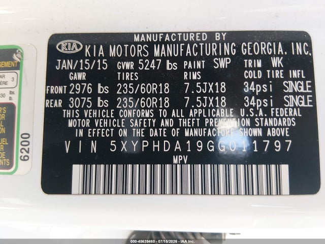 45639460 :رقم المزاد ، 5XYPHDA19GG011797 vin ، 2016 Kia Sorento 2.0t Ex مزاد بيع